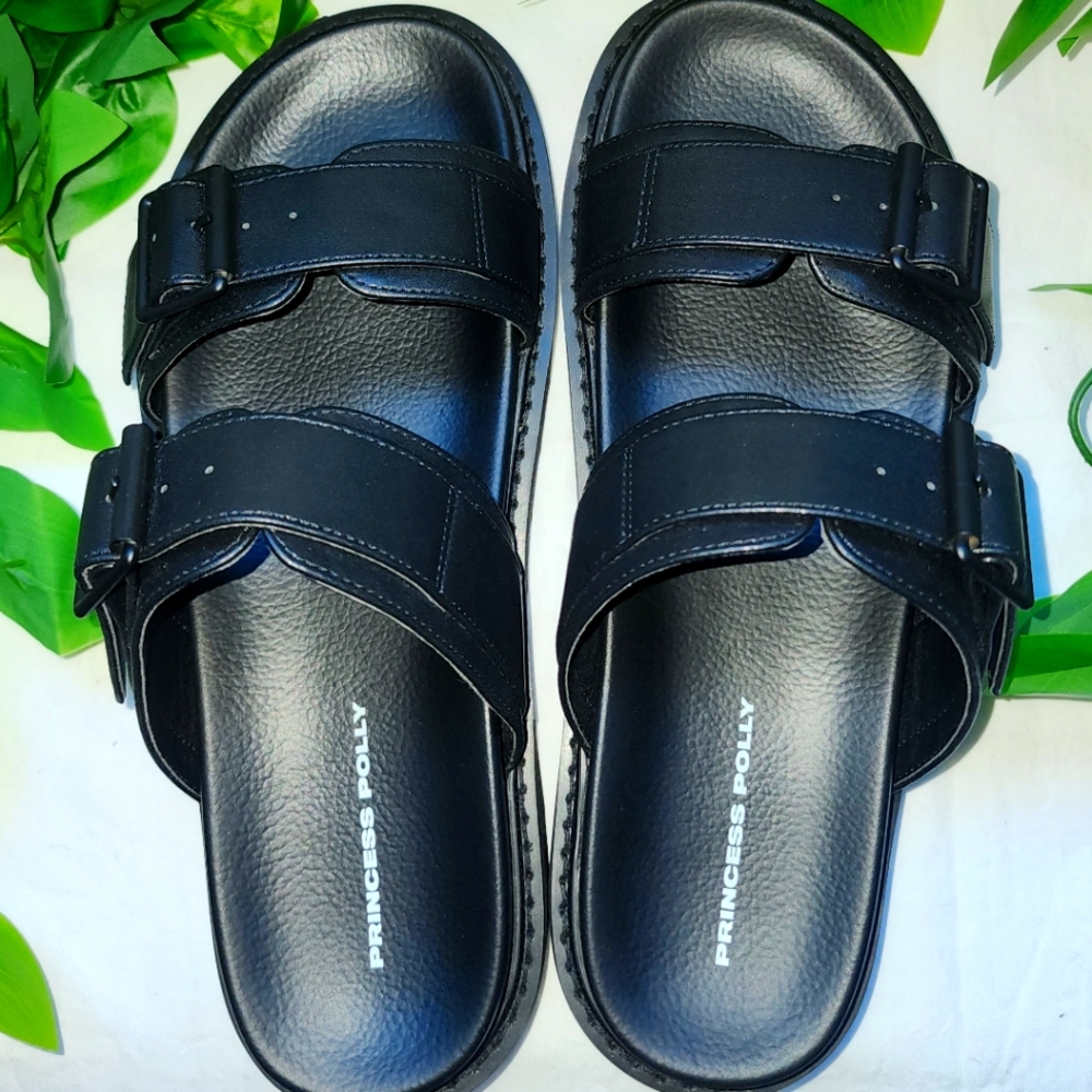 Princess Polly Black Double Buckle Slides